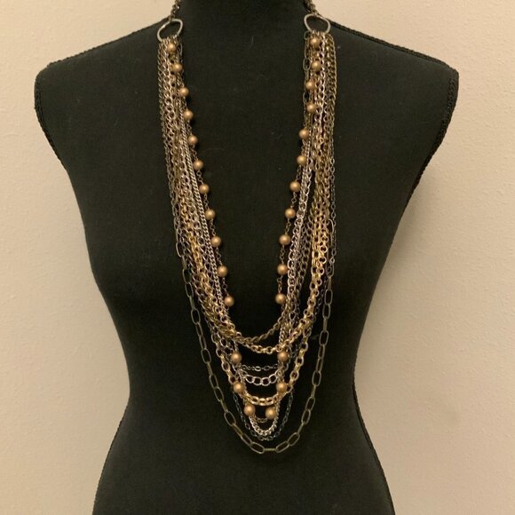 Talbots Multi Strands Chains Gold Silver Tone Beaded Necklace - Picture 3 of 9